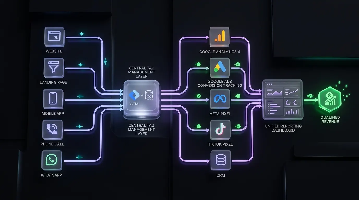 Illustrated marketing measurement architecture connecting website events, advertising platforms, analytics, and CRM outcomes