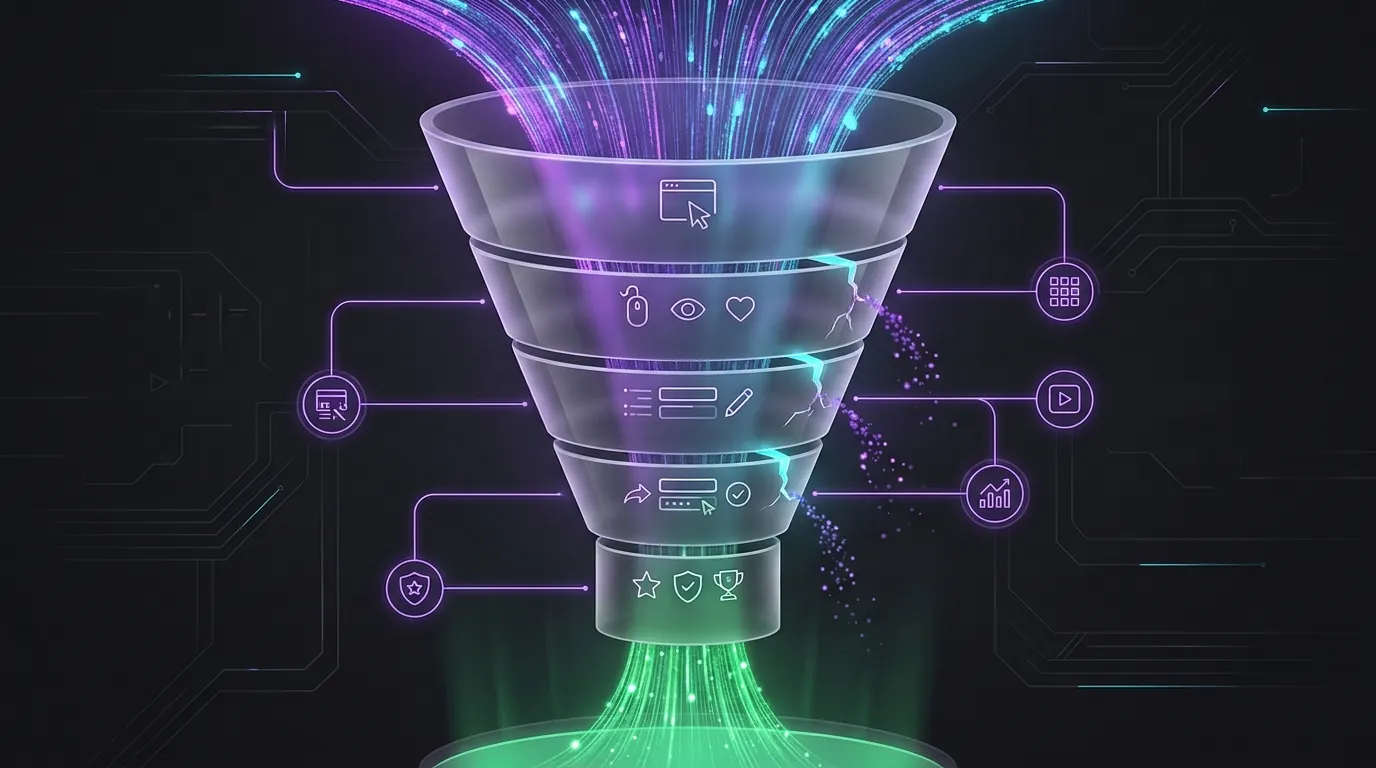 Illustrated conversion funnel diagnostic showing visitor drop-off points and opportunities for improvement
