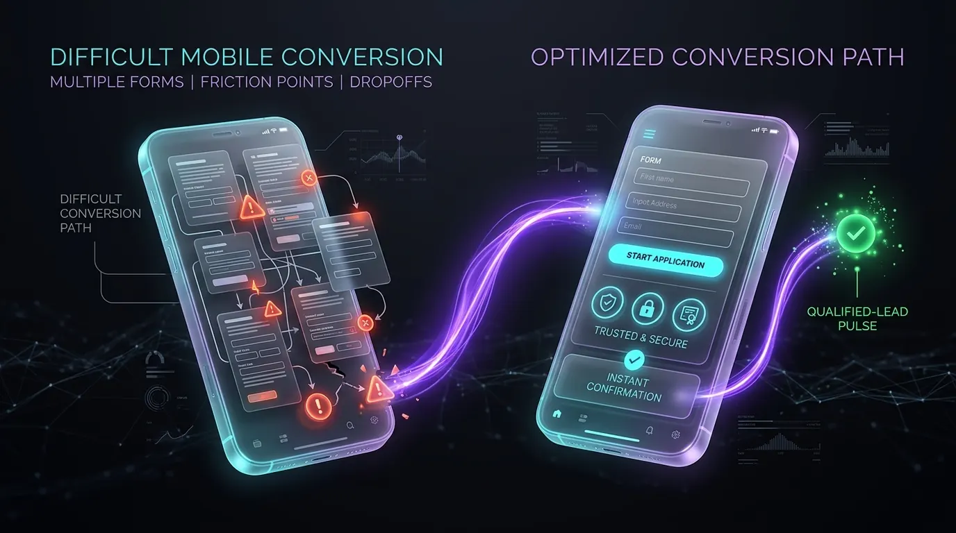 Illustrated comparison between a difficult mobile conversion path and a streamlined optimized experience