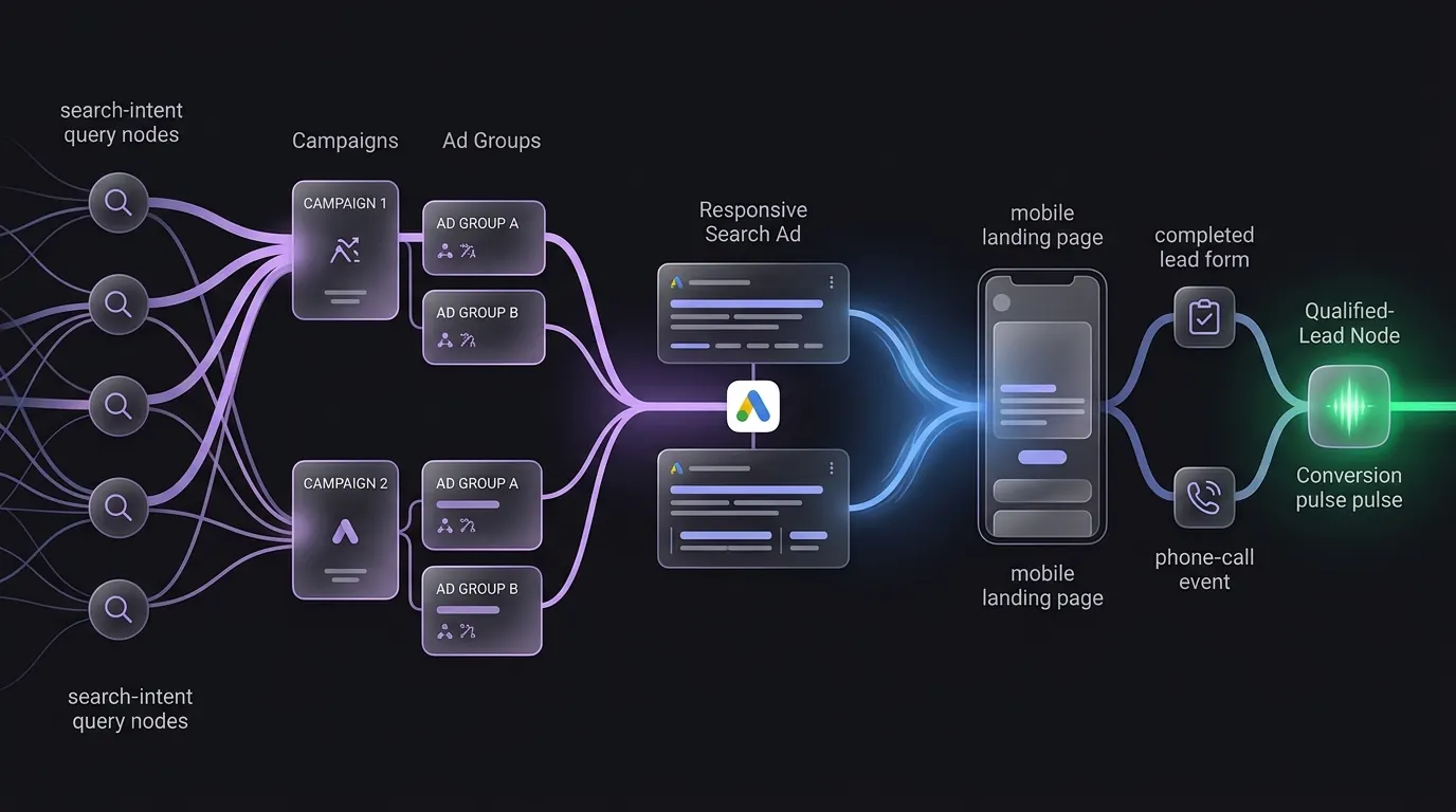 Illustrated Google Ads customer journey connecting search intent, campaign structure, landing pages, and qualified leads
