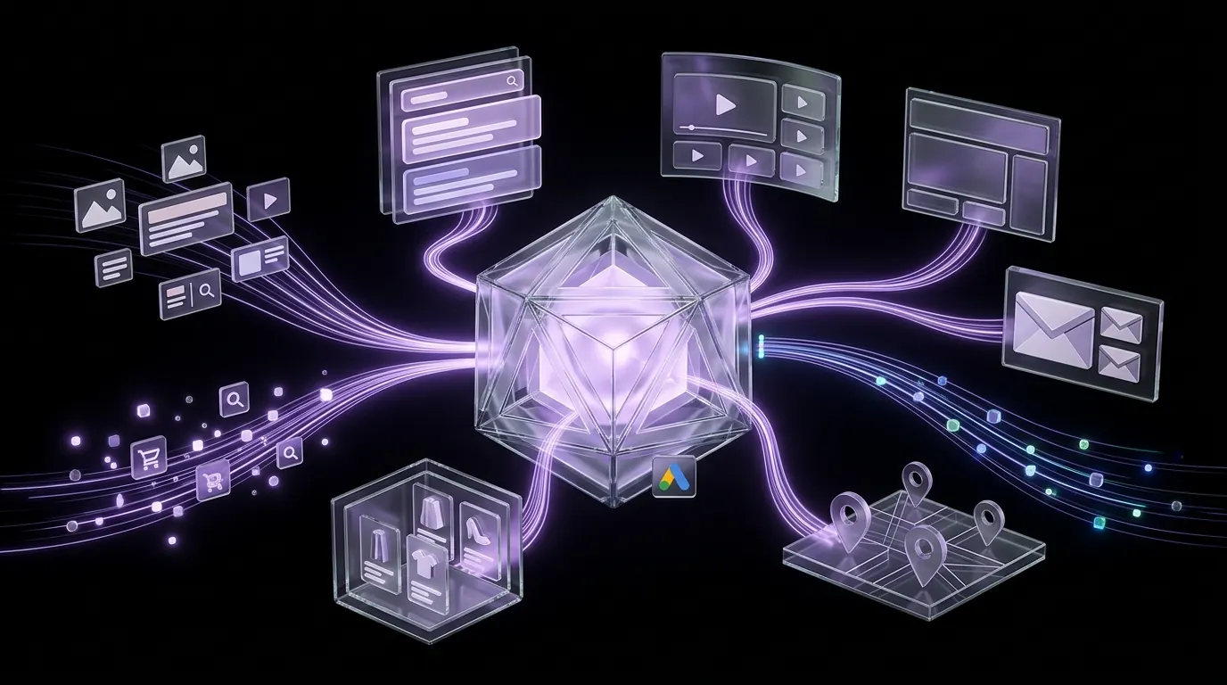 Illustrated Performance Max campaign intelligence core connecting Google advertising channels and conversion feedback