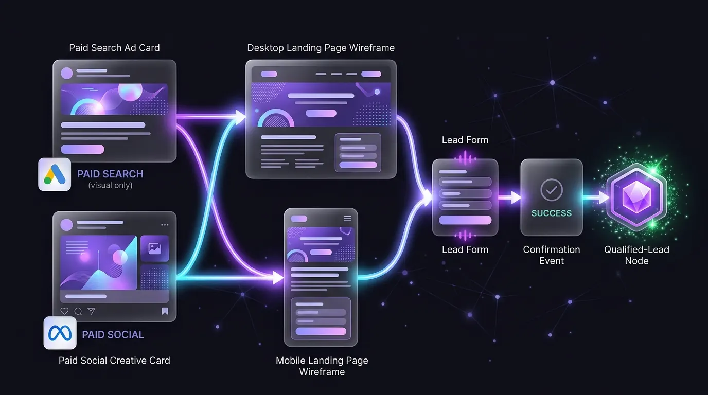 Illustrated ad-to-landing-page journey connecting campaign message, responsive page design, form submission, and qualified lead