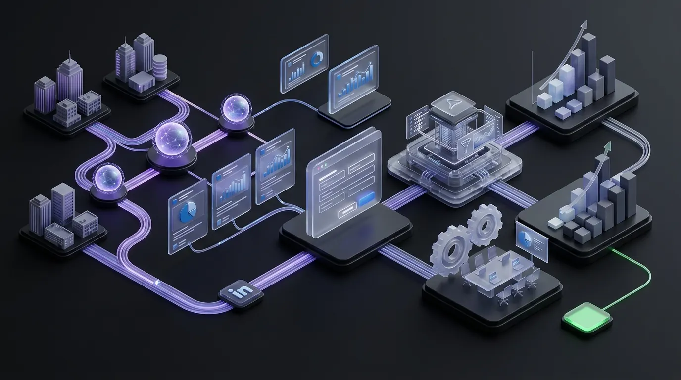 Illustrated LinkedIn Ads journey connecting target accounts, decision-makers, lead forms, CRM qualification, and pipeline