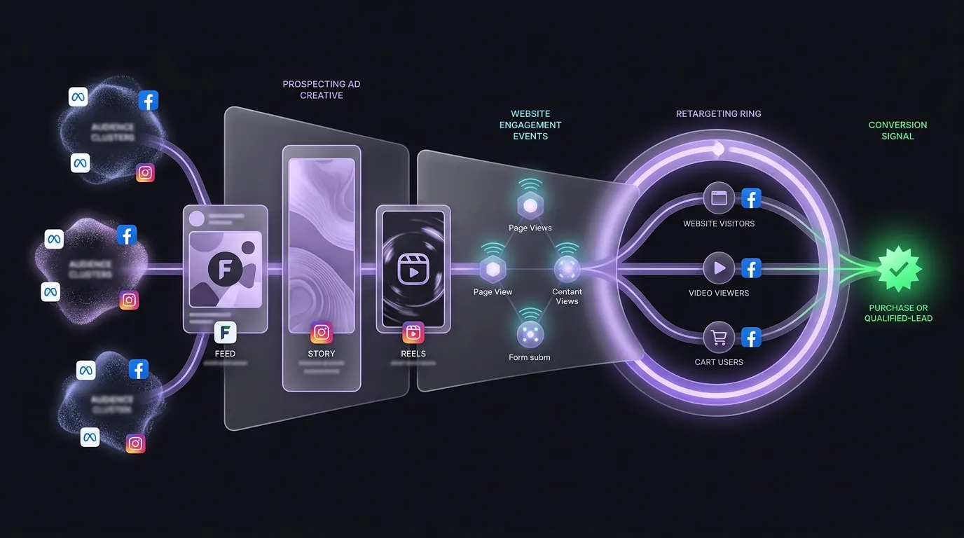 Illustrated Meta Ads funnel connecting audience prospecting, paid social creative, retargeting, and conversion
