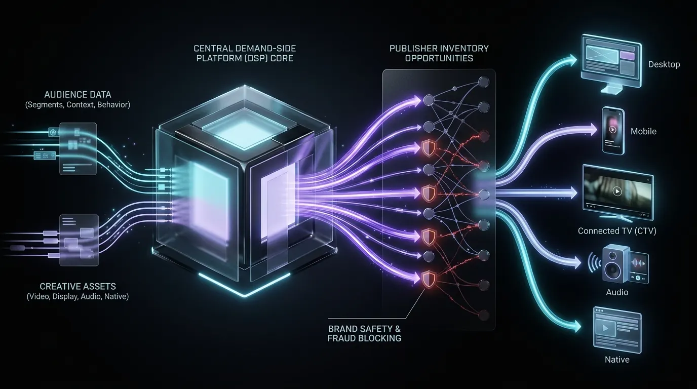 Illustrated programmatic media-buying system evaluating audiences, inventory, brand safety, and cross-device placements