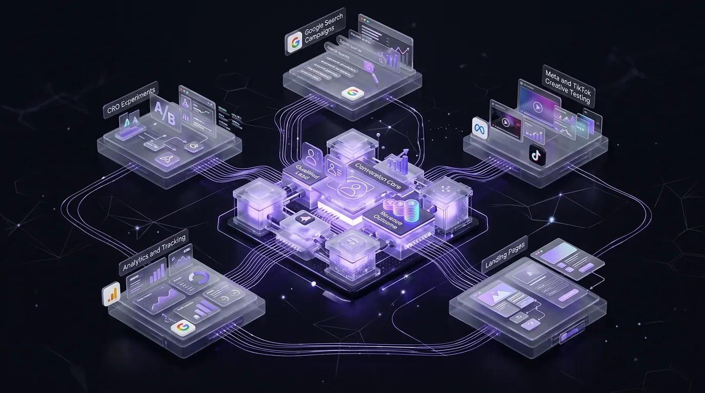 Illustrated paid media ecosystem connecting advertising channels, creative, landing pages, analytics, and conversion optimisation