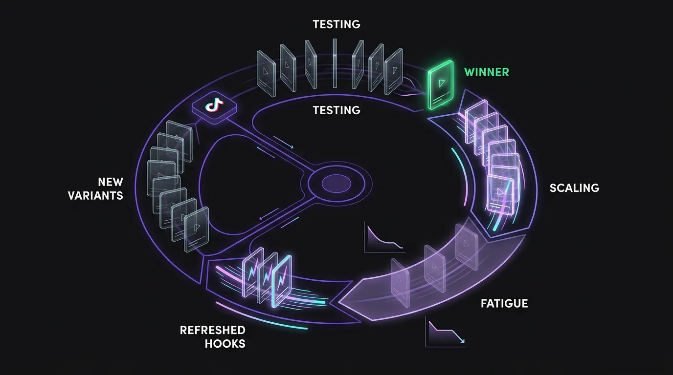 Illustrated TikTok advertising creative refresh cycle from testing and scaling to fatigue and renewal